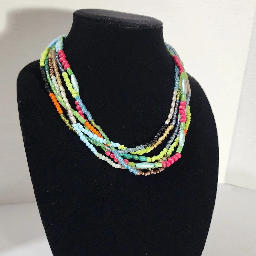 Boho Multi Strand Beaded Necklace Colorful Glass Wood Layered Bib Statement